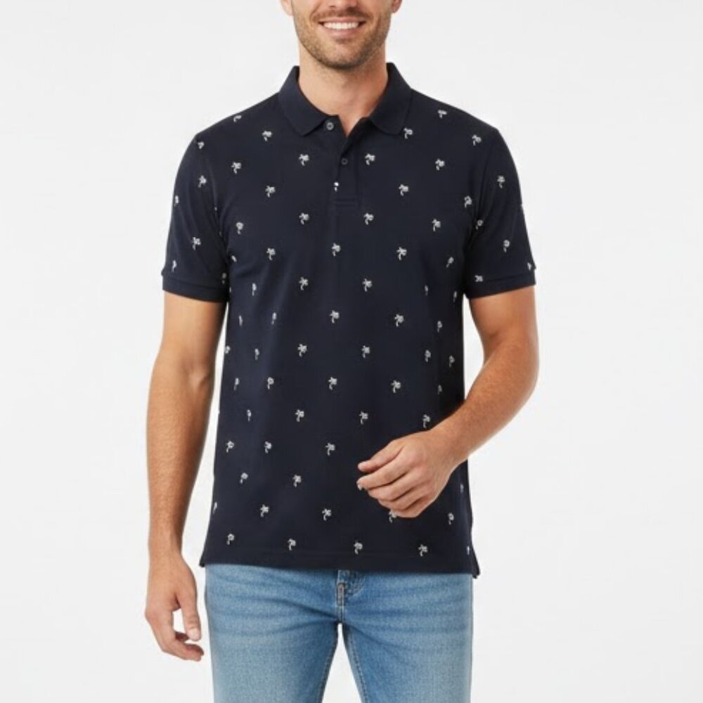 H&M Men's XL Black Palm Tree Embroidered Polo Shirt Tropical Summer Short Sleeve